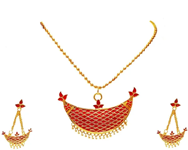 Assamese_Traditional_Gold_Plated_Red_Colour_Joonbiri_Chain_Jewellery_Set_For_Women